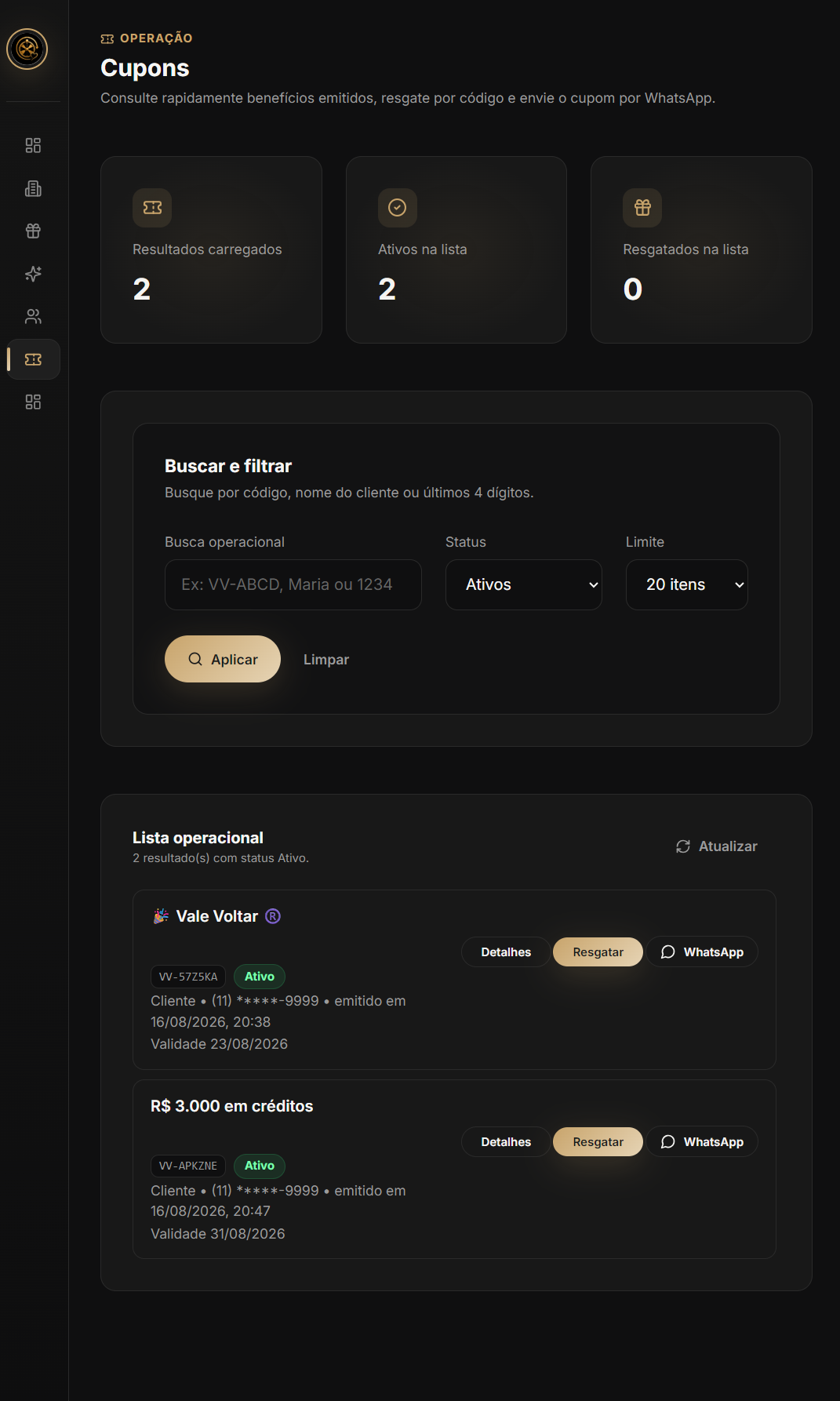 Painel real do Admin com o status dos cupons: ativos, utilizados, vencendo e expirados